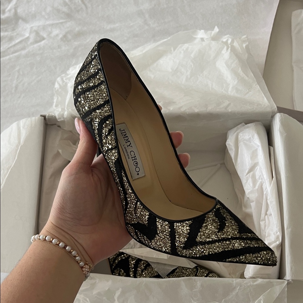Jimmy Choo Glitter Black and Gold Heels